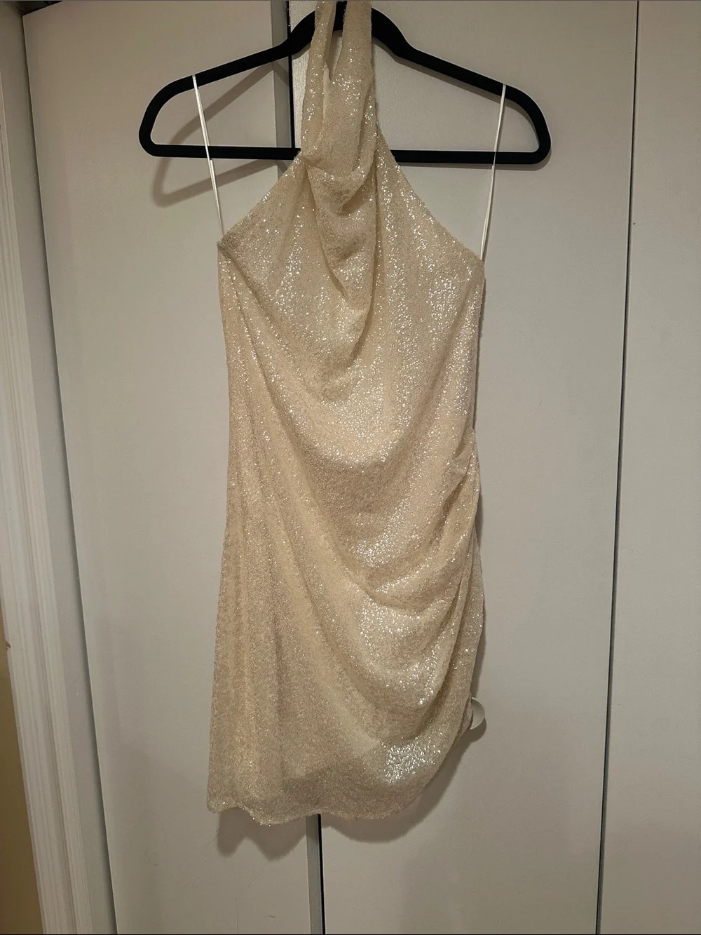 Amanda Uprichard Aurora Sequin Halter Mini Dress in Champagne - Picture 1 of 5